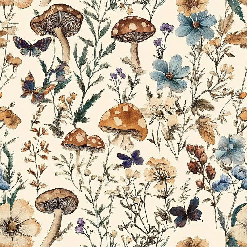Froluya Mushroom Wallpaper Peel and Stick Vintage Floral Contact Paper 16.9" x 118.1" Boho Self Adhesive Removable Wallpaper Mushroom Forest Decorative Contact Paper for Bathroom Cabinets Vinyl - Image 1